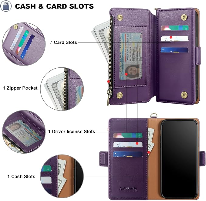Antsturdy Compatible with iPhone 12 Wallet Case,RFID Blocking PU Leather Phone Case Women Men Kickstand Flip Cover Wrist Strap Zipper Credit Card Holder Slots,for Apple 12 Pro 6.1",Purple