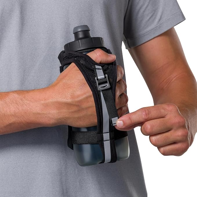 Nathan SpeedDraw 2 Insulated Handheld Running Water Bottle Flask – Double-Wall Insulation, Ergonomic Grip, Blast Valve Cap, Phone & Key Storage Pockets, Reflective Design, 22oz - Black