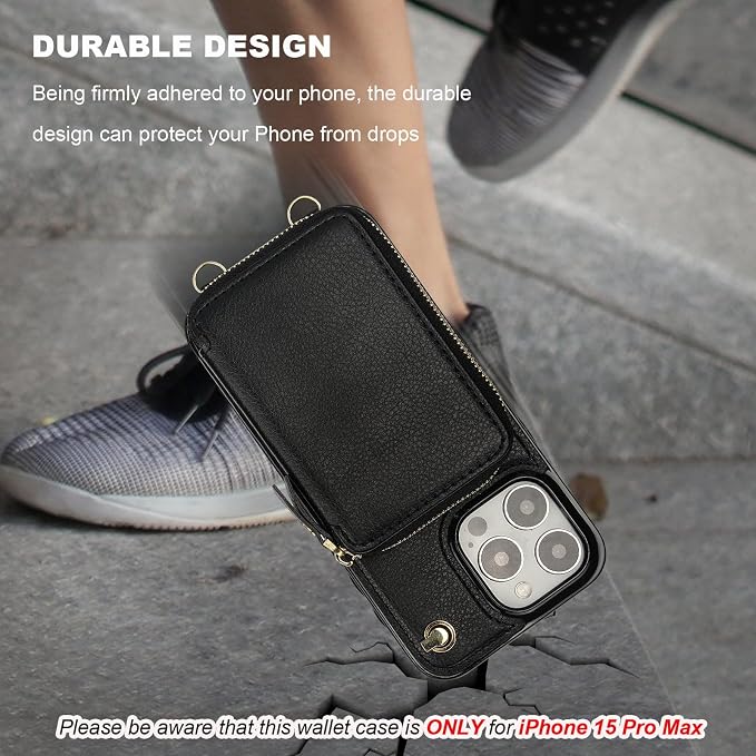 Bocasal for MagSafe Crossbody Wallet Case Compatible with iPhone 15 Pro Max, RFID Blocking Protective Purse Case with Card Slots Holder Kickstand Wrist Strap Lanyard Zipper 6.7 Inch 5G (Black)