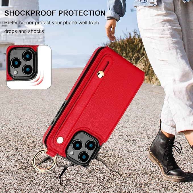 Folosu for iPhone 16 Pro Max Wallet Case with Card Holder, Hand Wrist Strap Loop Holder Kickstand, RFID Blocking Finger Grip Ring PU Leather Double Buttons Shockproof Cover 6.9" Red