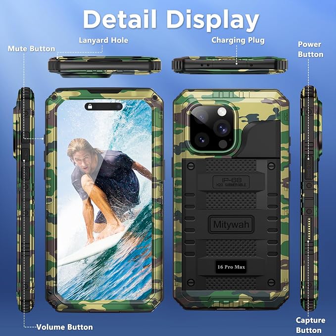 Mitywah Waterproof Case for iPhone 16 Pro Max, Heavy Duty Metal Cover with Built-in Screen Protector, Military Grade Full Body Shockproof Rugged Protective Phone Case 6.9 inch, Camouflage