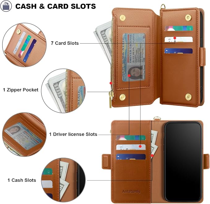 Antsturdy Compatible with iPhone 14 Wallet Case RFID Blocking,PU Leather Phone Case Women Men Flip Shockproof Cover with Wrist Strap Zipper pocket Credit Card Holder Slots,for Apple 14 6.1"Light Brown