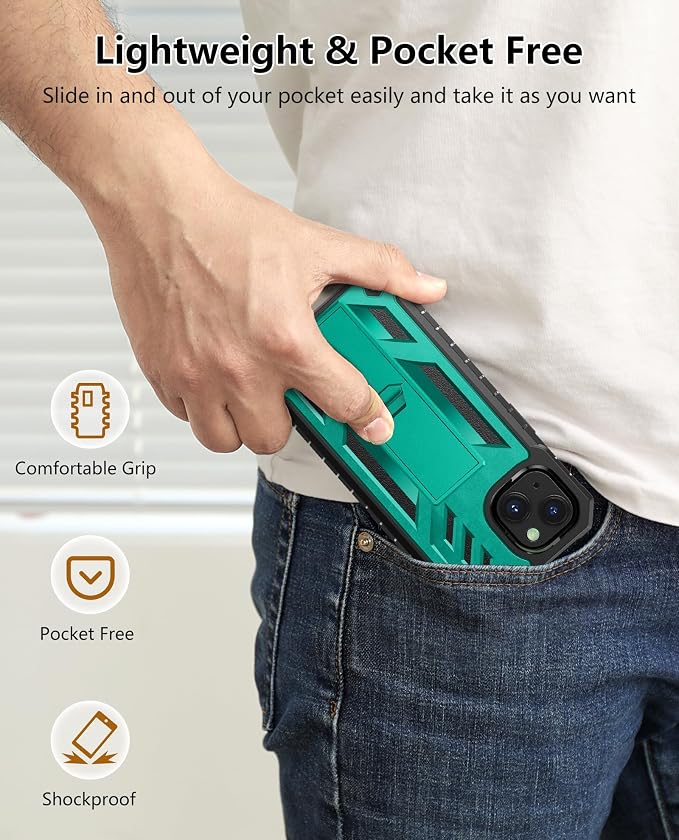SOiOS for iPhone 13/14/15 Phone Case: for iPhone 16e Protective Cover with Built-in Kickstand | Heavy Duty Military Grade Hard Protection Shock Proof | Durable Dual-Layer Design Green