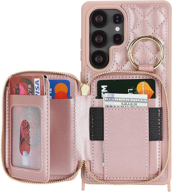 Crossbody Wallet Case for Galaxy S25 Ultra, PU Leather Zipper Handbag Purse Flip Cover, Kickstand Folio Case with Card Slots Holder Wrist Strap Lanyard -Rose Gold