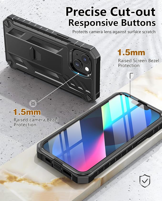 for iPhone 13/14/15 Phone Case: for iPhone 16e Protective Cover with Belt Clip Holster | Durable Dual-Layer Design with Built-in Kickstand | Heavy Duty Military Grade Hard Protection Shock Proof