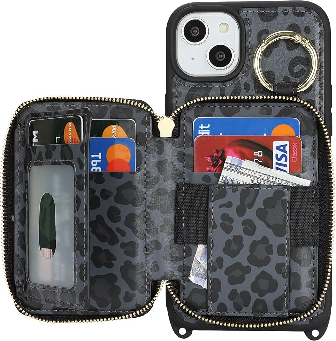 Crossbody Wallet Case for iPhone 14 Plus, PU Leather Zipper Handbag Purse Flip Cover, Kickstand Folio Case with Card Slots Holder Wrist Strap Lanyard 5G 6.7 Inch-Black Leopard