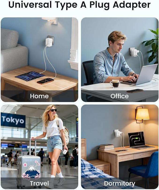 LENCENT US to Japan Plug Adapter, 2 Prong to 3 Prong Outlet Adapter | 4 Outlets 4 USB Ports(2 USB C), Type A Travel Converter for US to Japan Canada Mexico China Philippines Peru Tokyo
