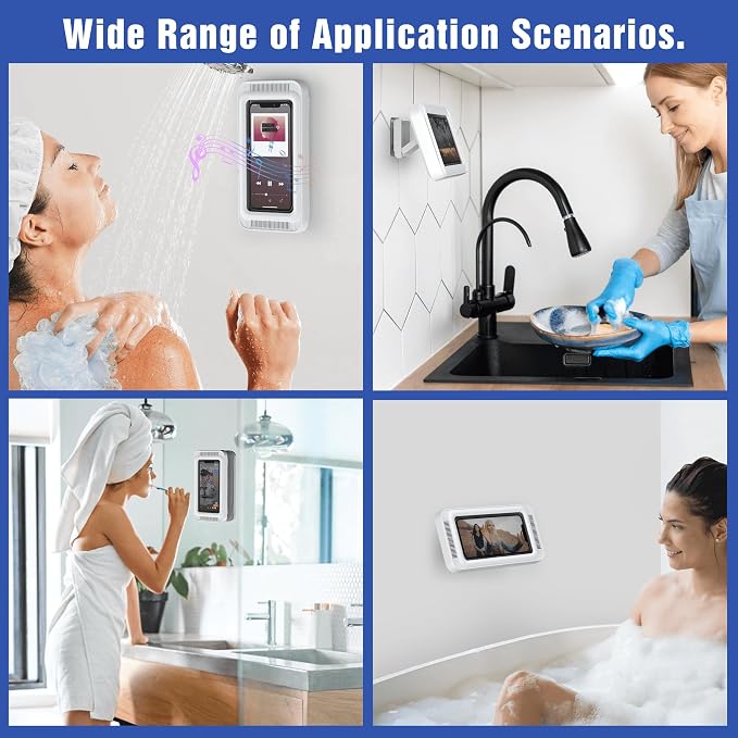 Waterproof Shower Phone Holder with 480° Rotation | Enhanced Sound Quality | Adjustable Arm Stand | Fits up to 7" Screens(White)