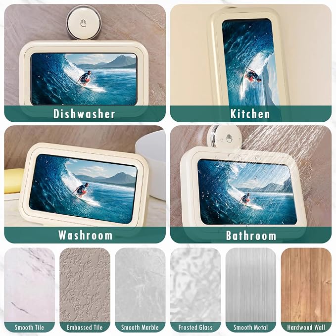 Shower Phone Holder Waterproof, 480° Rotating Wall Mount Adjustable Suction Cup Shower Phone Holder with HD Touch Screen, Fog-Proof Bathroom Case for 4-7 Inch Phones