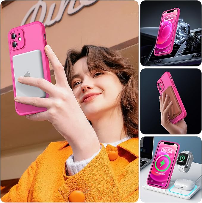 TOCOL for Phone 12 Case, Compatible with Magsafe Charger, Full Camera Protection, Drop Protection, Translucent Matte Phone Case for iPhone 12 6.1 inch (Hot Pink)