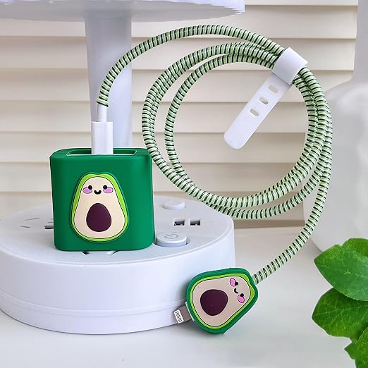 Compatible with iPhone 18W/20W USB-C Charger Protector Cover, 3D Cute Cartoon Charger Case for Apple iPhone 20W USB-C Power Adapter and Lightning Cable Protective Wire Saver (Avocado)