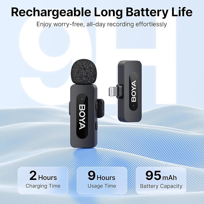 BOYA by-V1 Wireless Microphones for iPhone iPad with MFi Certified Lightning Port, 328ft Range, 9H Battery Life, Noise Reduction Mini Mic Clip on Lapel Microphone Wireless for Video Recroding