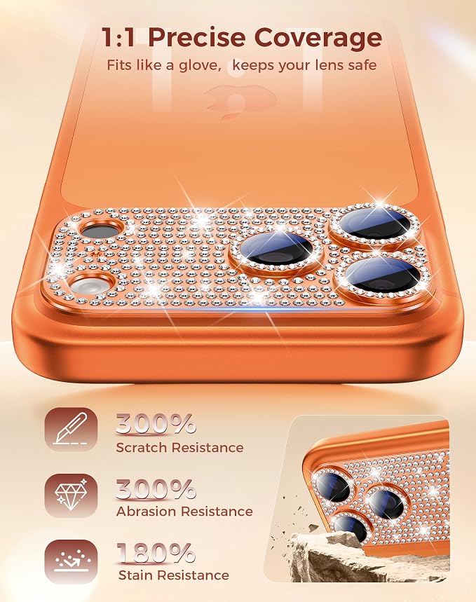 Goton for iPhone 17 Pro Camera Lens Protector Diamond Bling- Not Easy to Fall, Strong Adsorption, Glitter Metal Aluminum Alloy Rear Camera Screen Cover Accessories for 17Pro, Light Orange