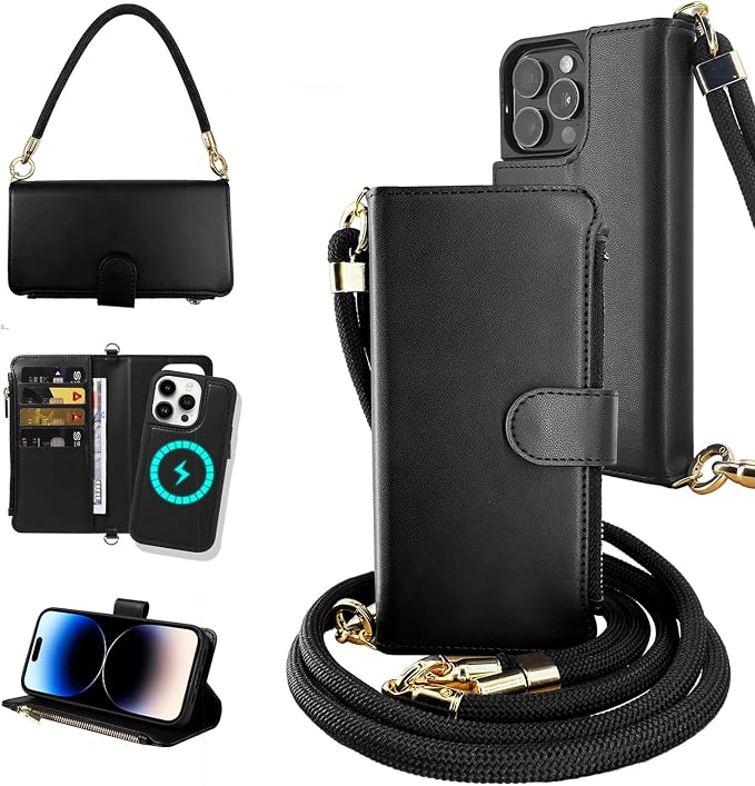 for iPhone 15 Pro Max(6.7 inches) Magnetic Wallet Case with Crossbody.Compatible with Magsafe detachable Wallet Case with Card Holder.Multi-Function 2 in 1 flip shoulder Strap with Zipper Case