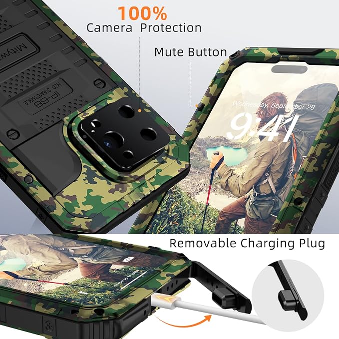 Mitywah Waterproof Case for iPhone 14 Pro Max, Heavy Duty Shockproof Case with Built-in Screen Protector, Full Body Underwater Protective Metal Case 6.7 inch, Camouflage