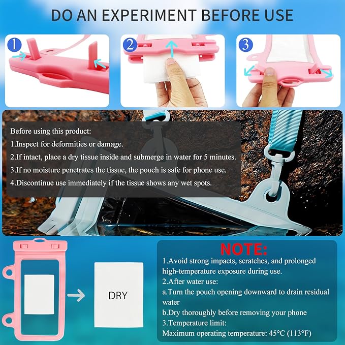 XL Waterproof Phone Pouch iPhone &Shower Phone Holder Waterproof with 2 Suction Cups,Water Phone Protector Pouch with Adjustable Lanyard,Floating Phone Case for iPhone 16 15 14 Pro Max (Pink)
