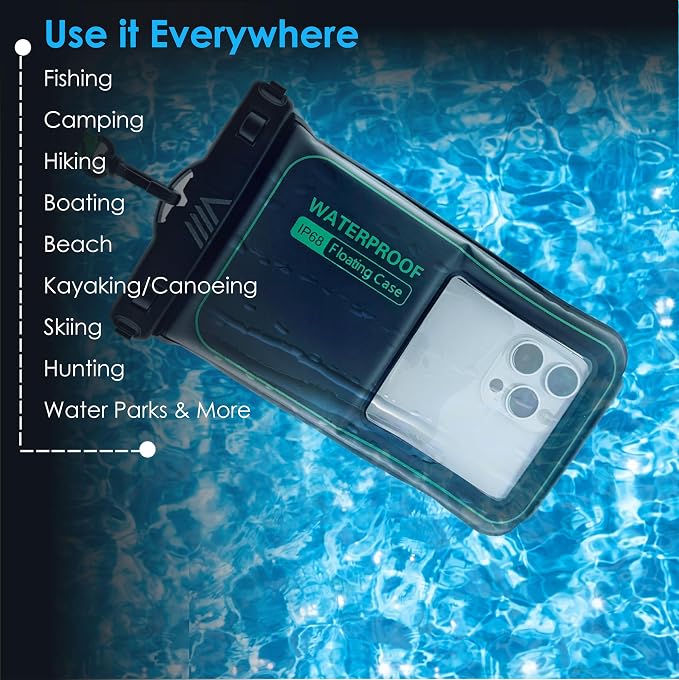 【2025 Upgraded】 2 Pack Black - IP68 Waterproof Phone Pouch Floating Design No Sink Waterproof Phone Case - Beach Pool Travel Essentials - Works w/All Phones - Detachable Lanyard - Black/Hi-Vis Green