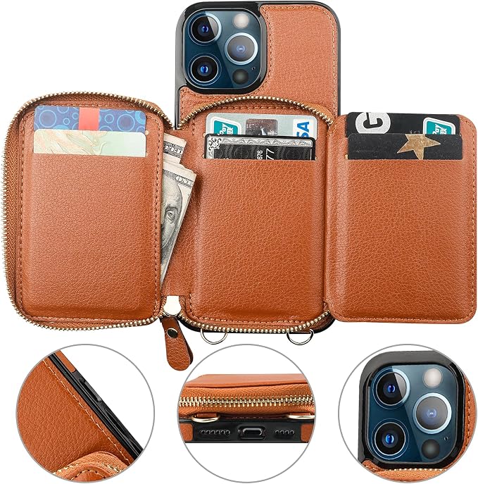 Bocasal RFID Blocking Wallet Case for iPhone 13 Pro Max, Adjustable Crossbody Zipper Purse with Kickstand and Detachable Wrist Strap, PU Leather Flip Folio Case 6.7 Inch 5G (Brown)
