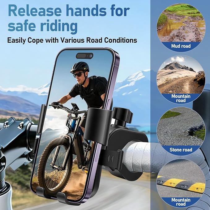 Motorcycle Phone Mount, Bike Bicycle Mount Handlebar Cell Phone Clamp Ebike Scooter Phone Clip for iPhone 16 Pro Max/Plus, 15 Pro Max, S10, S20, More 4.7" to 6.8" Smartphones