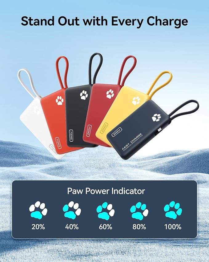INIU PawGo Portable Charger, 45W PD 10000mAh Slim Power Bank with Built-in USB-C, Travel Airplane Camping Hiking, for Family Commuter Students Photographers