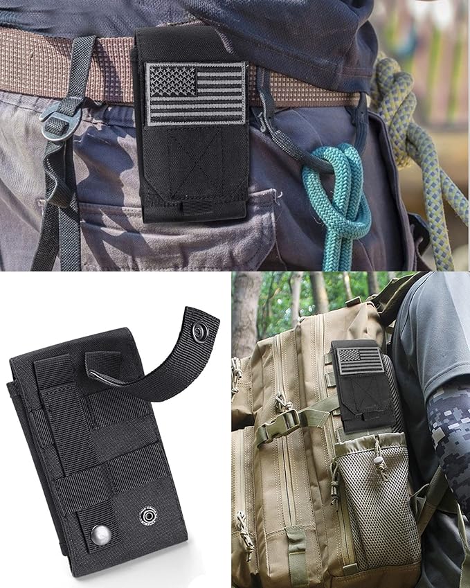 Black Tactical Molle Cellphone Pouch Case,Heavy Duty Waterproof Phone Holster Bag for iPhone 11 12 13 Pro Max for Samsung S22 S21 S20 FE Note 20 A02S Less 6.7" Phone with 2 Pack US Flag Patch