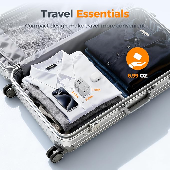 TESSAN Universal Travel Adapter PD 35W GaN | Built-in Retractable USB C Cable, 6 in 1 Worldwide, 4 USB Ports, US to Europe UK AUS, Type C G A I