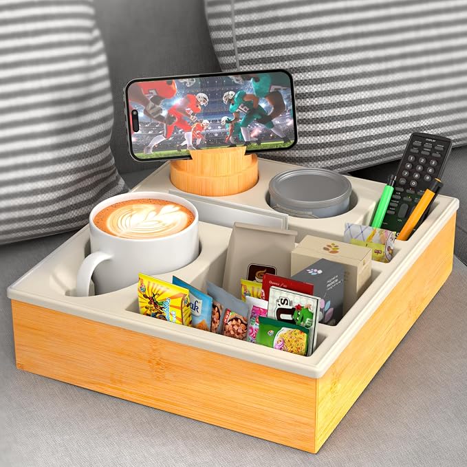 Couch Cup Holder Tray - Couch Organizer Caddy, Silicone Beach Caddy with Cup Holder, Sofa and Bed Drink Holder and Couch Tray Table for Snacks Beverage Remote (Beige)