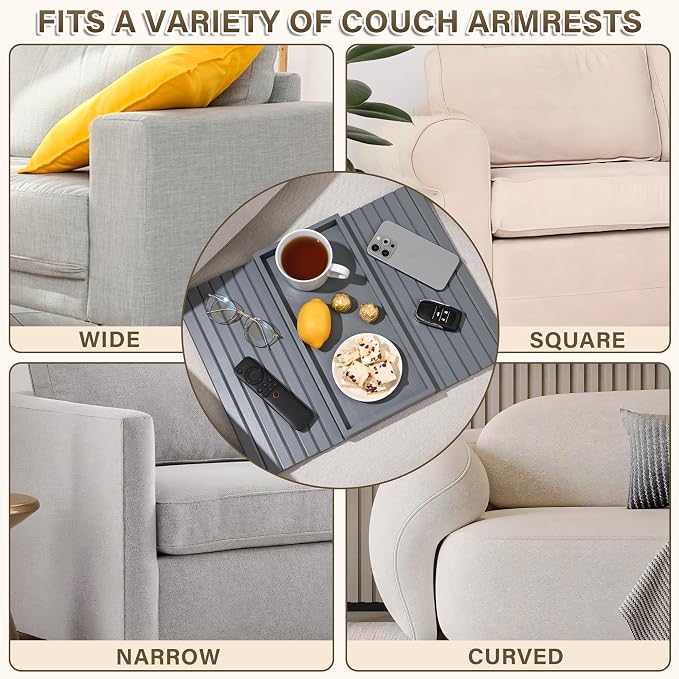 Bamboo Sofa Arm Tray, Anti-Dropping Couch Arm Tray, Foldable Sofa Armrest Tray Couch Arm Table for Eats, Drinks, Snacks, Remote, Cellphone, Cup Holder, Back Anti-Slip Pad Design