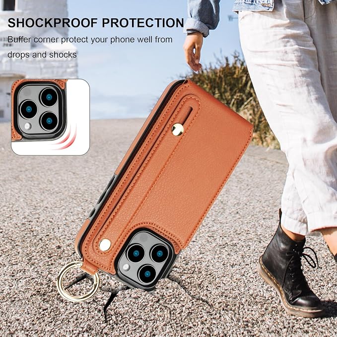 Folosu for iPhone 16 Pro Max Wallet Case with Card Holder, Hand Wrist Strap Loop Holder Kickstand, RFID Blocking Finger Grip Ring PU Leather Double Buttons Shockproof Cover 6.9" Brown