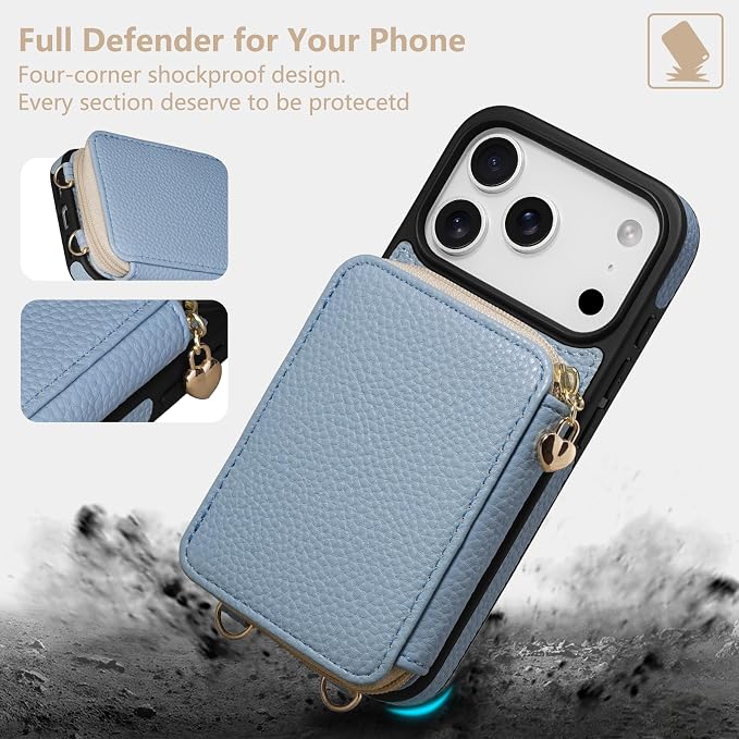 Keallce Case for iPhone 17 Pro 6.3'' Case Wallet, Crossbody Zipper Purse with RFID Blocking Card Slots Kickstand, Lanyard & Handstrap Flip Folio Leather Phone Cover for iPhone 17 Pro, Blue
