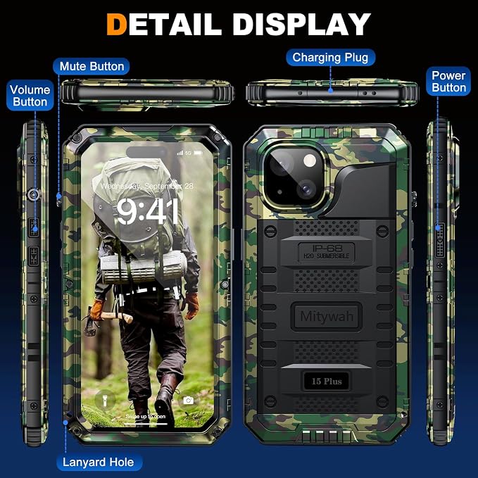 Mitywah Waterproof Case for iPhone 15 Plus, Heavy Duty Shockproof Case with Built-in Screen Protector, Full Body Underwater Protective Metal Case 6.1 inch, Camouflage