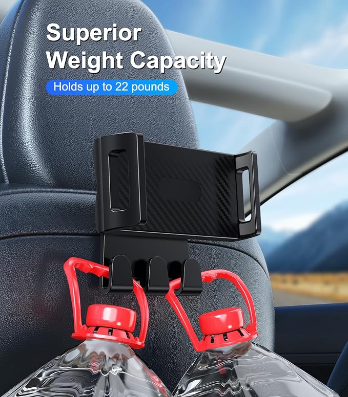 Tesla iPad Tablet Mount Headrest Accessories for Model Y(Juniper) Model 3(Highland) 2025 2024 2023 2022 2021, Back Seat Tablet Holder with Hooks for Kids, Fits 4.7-12.9" iPad Pro Air Mini