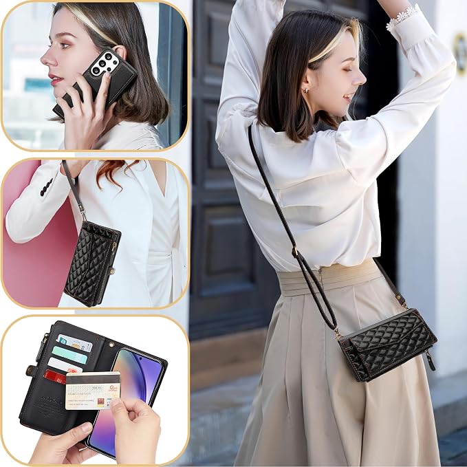 for Samsung Galaxy S25 Ultra Wallet Case for Women, Support Wireless Charging with RFID Blocking Card Holder, PU Leather Wallet Detachable Magnetic Phone Case Crossbody Strap, (Black)