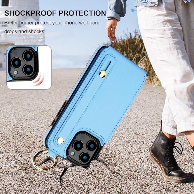 Folosu for iPhone 16 Pro Max Wallet Case with Card Holder, Hand Wrist Strap Loop Holder Kickstand, RFID Blocking Finger Grip Ring PU Leather Double Buttons Shockproof Cover 6.9" Blue