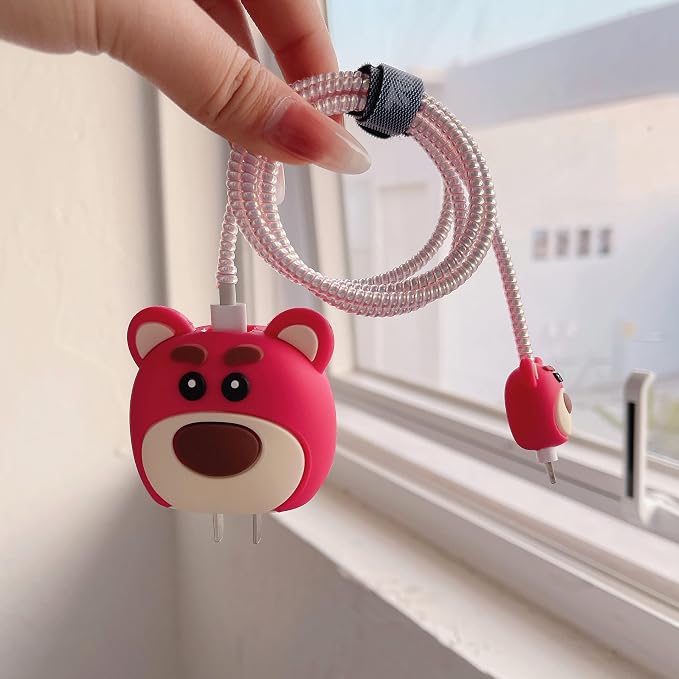 3D Cute Cartoon Charger Protector Case - Compatible for Apple 20W USB-C Power Adapter and Lightning Cable (Pink 02)