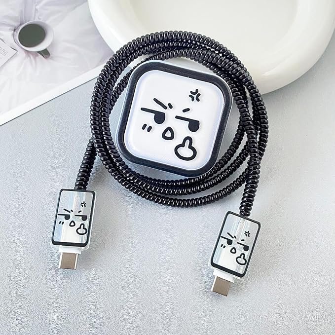Charger Protection Set, Compatible with Apple 40W Dynamic Power Adapter (with 60W Max), Fun & Adorable Flexible TPU Charger Case + Spiral Cable Line Protector, Wacky Meme Faces (5in1)