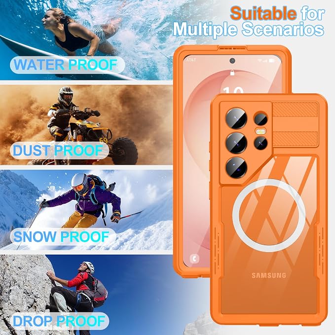 GOLDJU for Samsung Galaxy S26 Ultra Case Waterproof, S26 Ultra Case with Built-in Screen & Lens Protector, Shockproof Full Body Protection Phone Case, Compatible with MagSafe/Wireless Charging, Orange