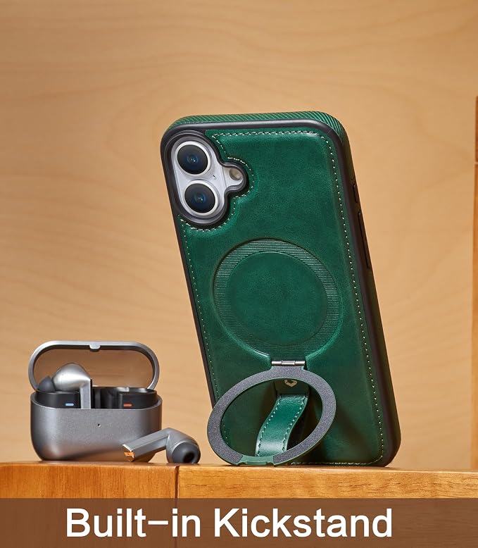 for iPhone 17 Leather Case with Stand, Anti-Slip Grip Ring, Fits for MagSafe (Green, iPhone 17)