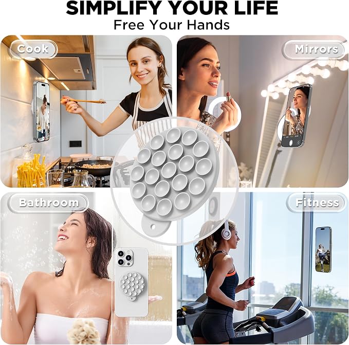 Magnetic Suction Cup Phone Mount with MagSafe, Silicone Hands-Free Grip Holder for iPhone Case and Android, Mirror Shower Phone Stand for Makeup FaceTime Gym Kitchen Bathroom, Light Gray