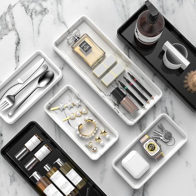 Gurygo 8" Ceramic Bathroom Vanity Tray for Kitchen Counter - Kitchen Soap Tray - Rectangular Ceramic Trays for Bathroom - Porcelain Large Serving Trays (Marble, Set/1)