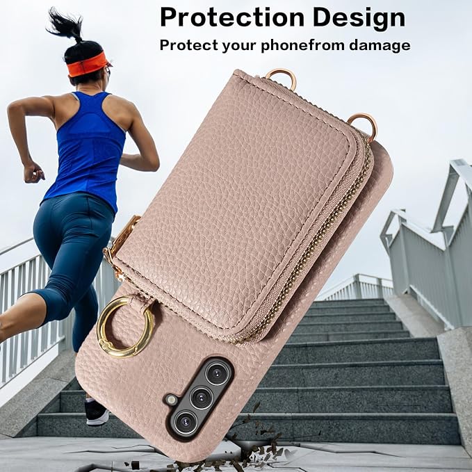 Wallet Case for Samsung Galaxy A54 5G with Shoulder Strap Ring Buckle, Luxury PU Leather Zipper Flip Organ Purse, Card Holder Stand Full Body Phone Cover for A545G A 54 54A 4G G5 SM A546U Khaki