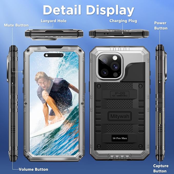 Mitywah Waterproof Case for iPhone 16 Pro Max, Heavy Duty Metal Cover with Built-in Screen Protector, Military Grade Full Body Shockproof Rugged Protective Phone Case 6.9 inch, Silver
