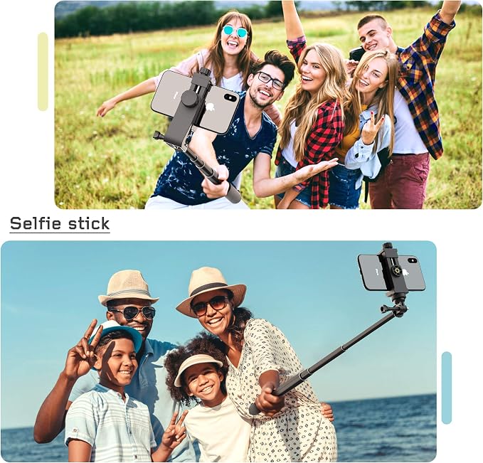 Universal Phone Tripod Mount Adapter with Wireless Camera Remote and LED Light, Cell Phone Holder with Adjustable Clamp for Selfie Stick Monopod for iPhone, Samsung Wrist Strap Included