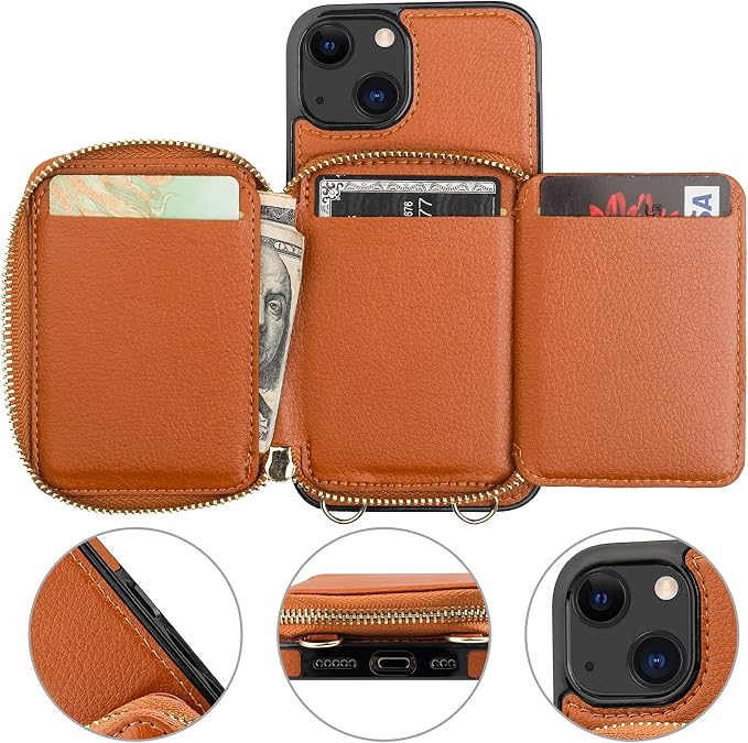 Bocasal RFID Blocking Wallet Case for iPhone 14 iPhone 13, Adjustable Crossbody Zipper Purse Case Card Holder with Kickstand Detachable Wrist Strap, PU Leather Flip Folio Case 6.1 Inch 5G (Brown)