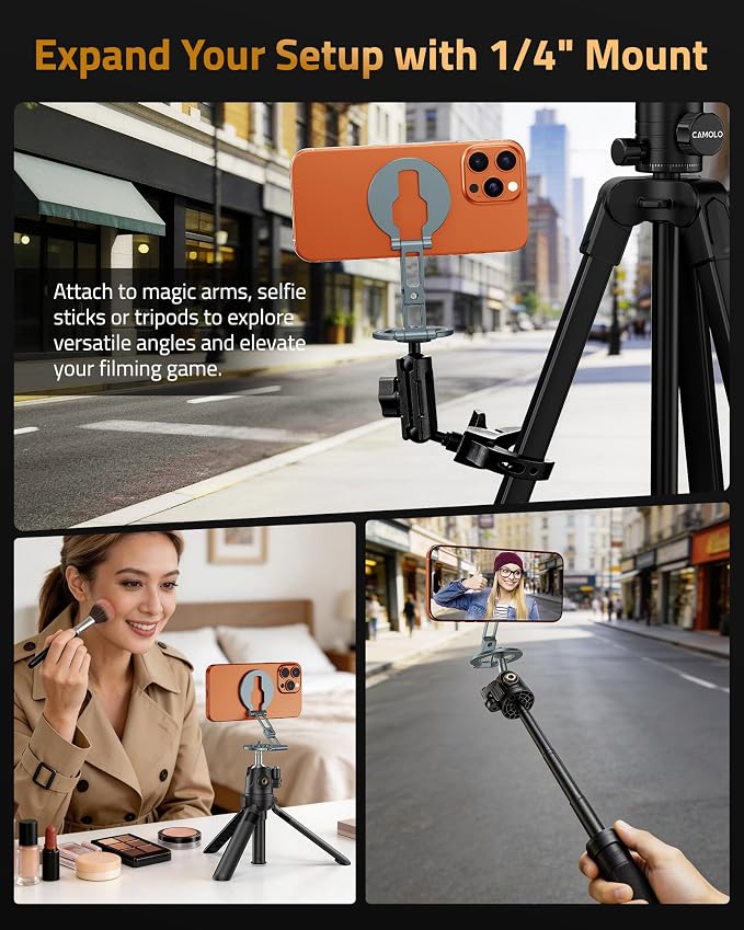 Dual Magnetic Phone Stand Holder Ultrathin, YC-21 Double Magnetic Phone Holder Foldable 1/4" Screw Tripod Mount Compatible with MagSafe for iPhone 17 16 15 14 13 12 Pro Max Plus Gym Magnet