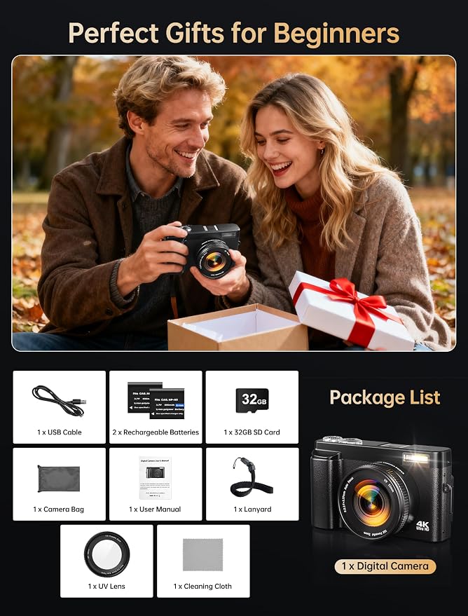 4K Digital Camera for Photography, 64MP Autofocus WiFi Vlogging Camera for YouTube with 3'' 180° Flip Screen,Travel Camera with SD Card, Point and Shoot Digital Camera 16X Zoom, UV Filter,2 Batteries