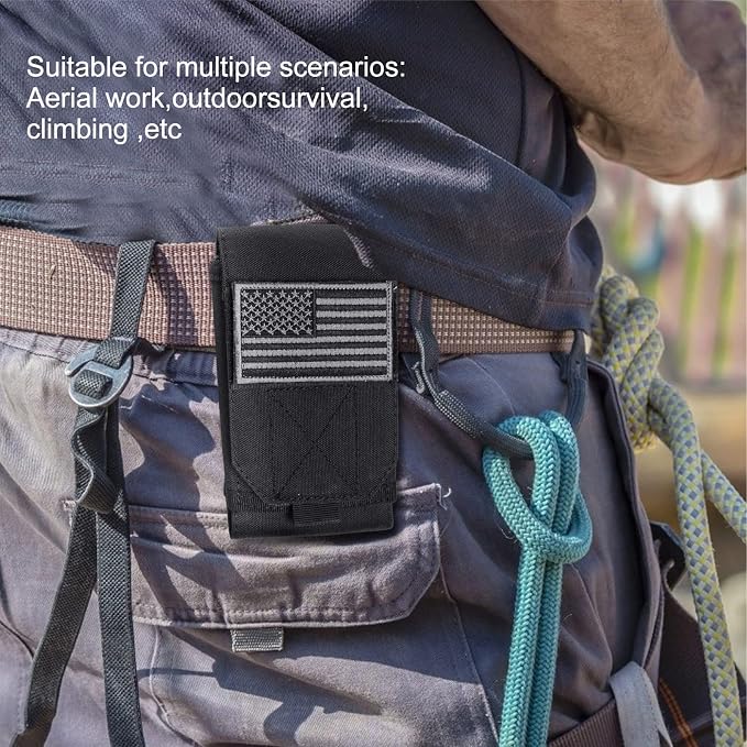Black Tactical Molle Cellphone Pouch Case,Heavy Duty Waterproof Phone Holster Bag for iPhone 11 12 13 Pro Max for Samsung S22 S21 S20 FE Note 20 A02S Less 6.7" Phone with 2 Pack US Flag Patch