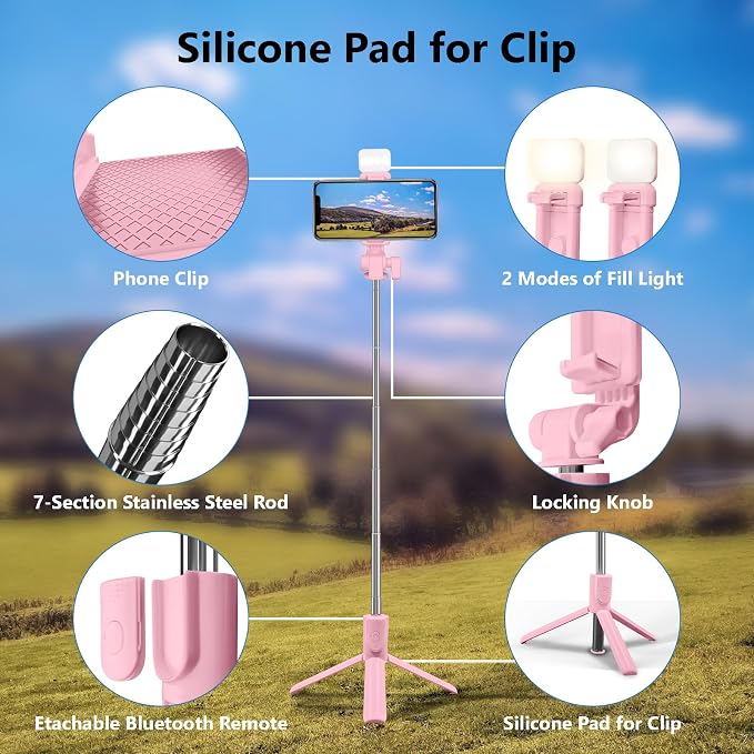 Selfie Stick Tripod, 40in Retractable Phone Tripod with Wireless Remote Control & Light, Portable Selfie Stick Tripod for Photograph, Video Recording, Compatible with All Cellphones (Pink)