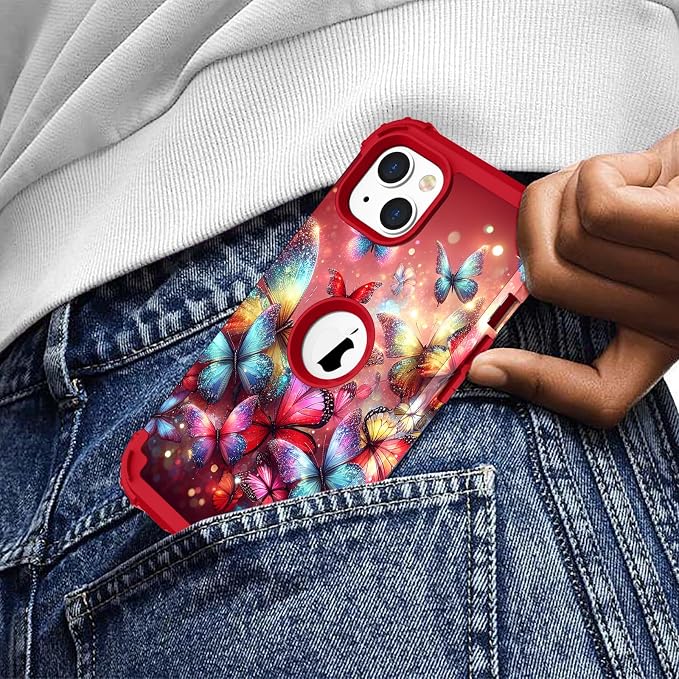 Hocase for iPhone 15 Plus Case, Heavy Duty Shockproof Protection Soft Silicone Rubber Bumper+Hard Plastic Hybrid Protective Case for iPhone 15 Plus 6.7" 2023 - Shimmering Butterflies in Red