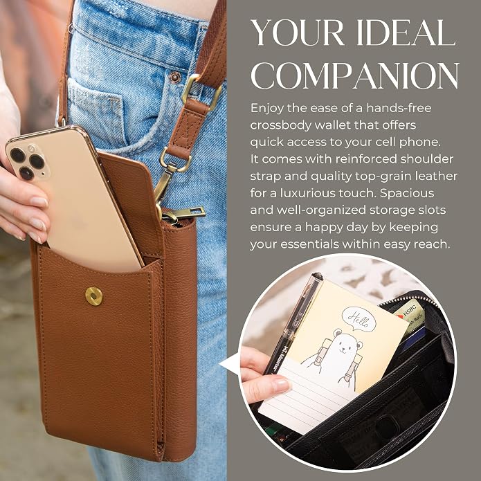 BULL GUARD Crossbody Leather Wallet Phone Purse, Anti Theft and RFID Blocking, Elegant Design for Travel